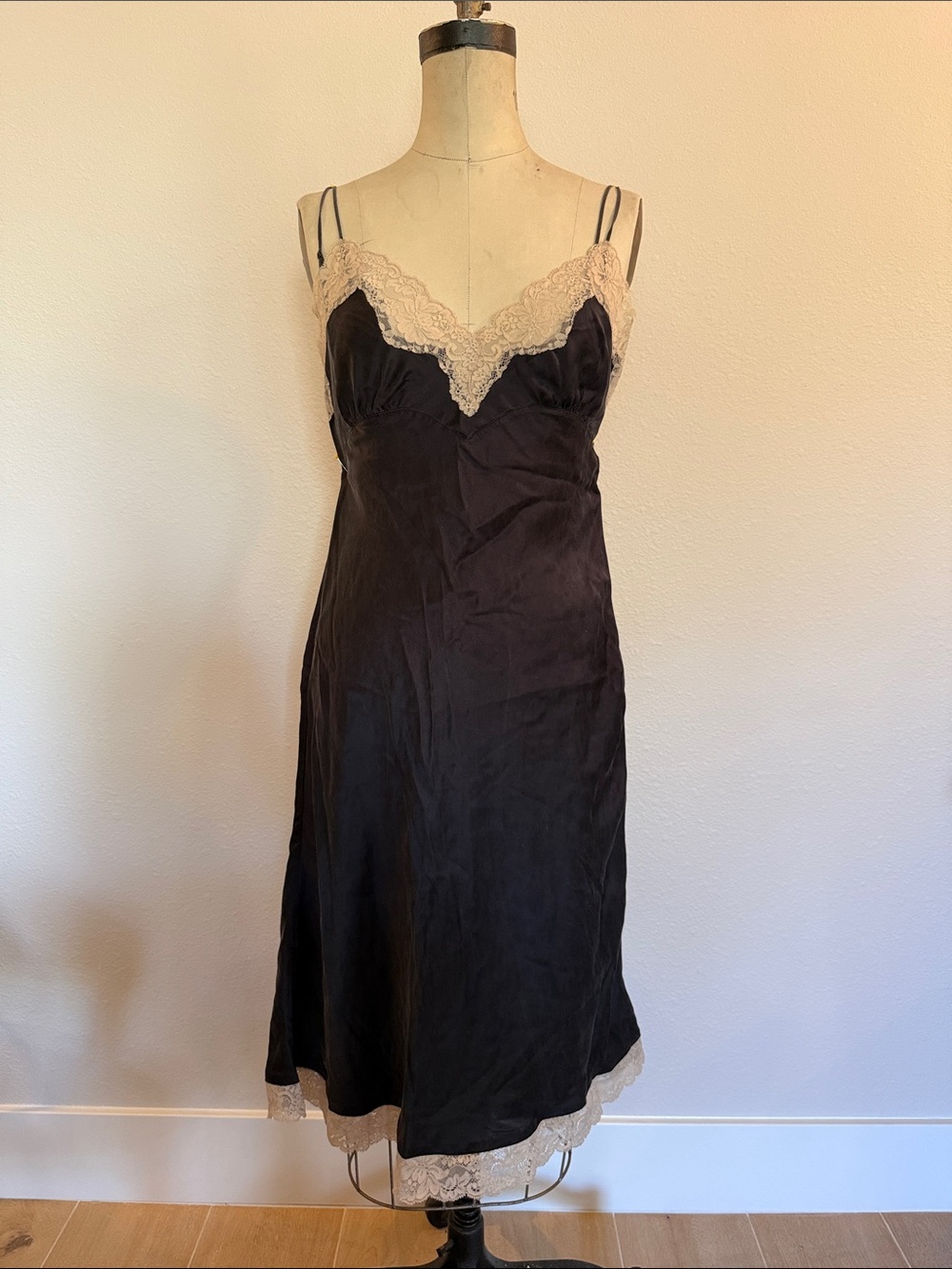 Vintage Victoria's Secret Black 100% Silk Slip with Cream Lace Trim